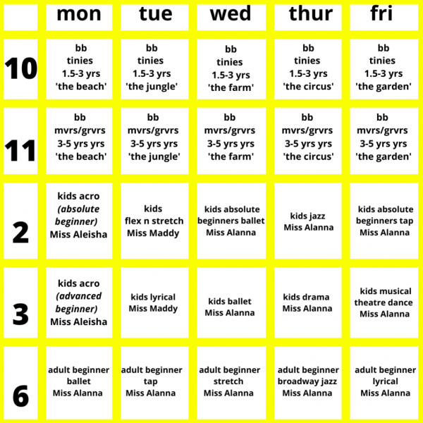 holiday program timetable